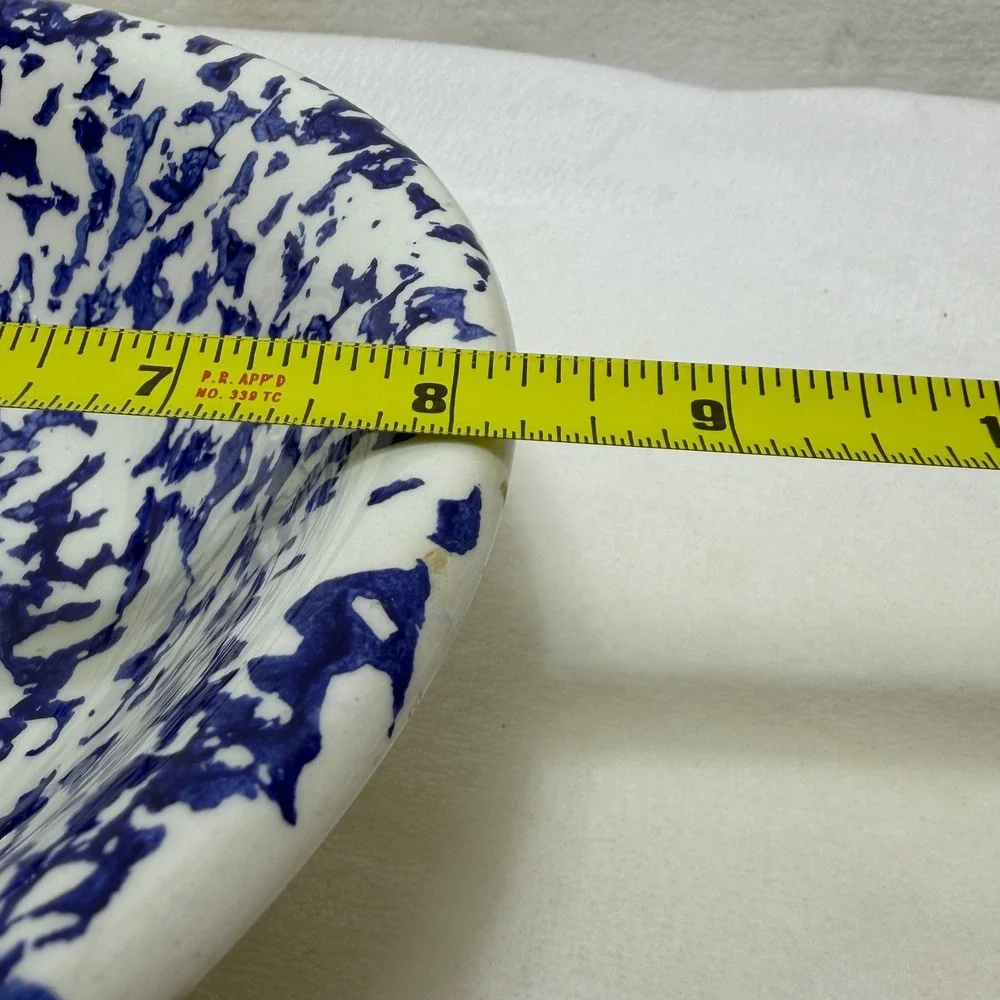 VTG Blue White Splatter Enamelware‎ Bowl 8 Inch Round Speckled Basin